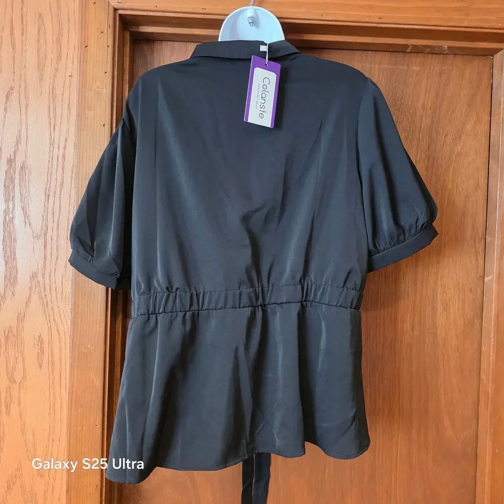 NWT‎ Colonste black button up, puff sleeve blouse, cinched waist flared out 2XL - Picture 2 of 4